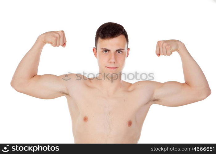 Muscular young man with naked torso isolated on white background