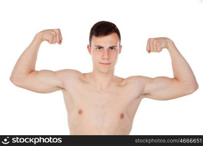 Muscular young man with naked torso isolated on white background