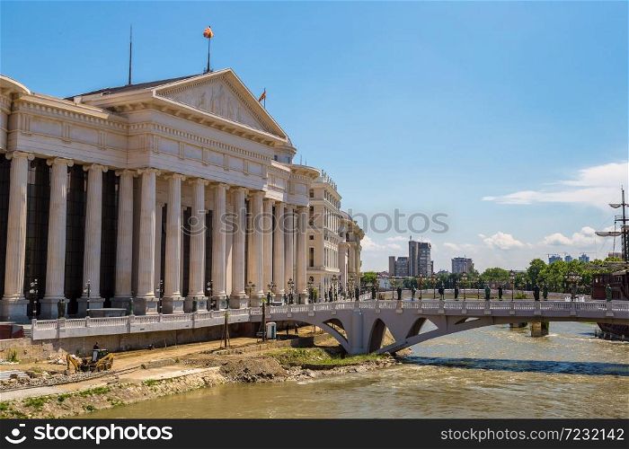 Museum of archeology and bridge in Skopje in a beautiful summer day, Republic of Macedonia