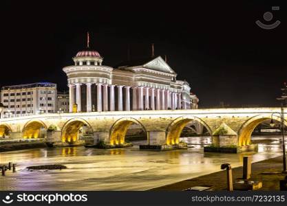 Museum of archeology and bridge in Skopje in a beautiful summer nigh, Republic of Macedonia