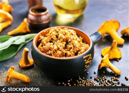 Mushroom caviar with onion and carrot in the bowl
