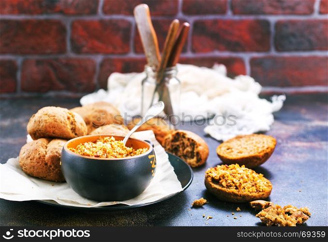 Mushroom caviar with onion and carrot in the bowl
