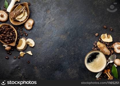 Mushroom Chaga Coffee Superfood Trend-dry and fresh mushrooms and coffee beans on dark background. Copy space, top view. Concept of trend modern food industry.. Mushroom Chaga Coffee Superfood Trend-dry and fresh mushrooms and coffee beans on dark background