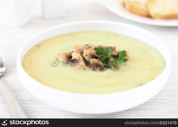 Mushroom cream soup garnished with roasted mushroom slices and parsley, photographed with natural light (Selective Focus, Focus in the middle of the soup). Mushroom Cream Soup