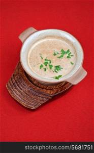 Mushroom cream soup on red background