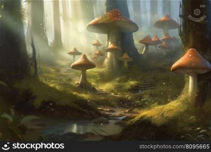 Mushroom in magical forest. Nature forest. Generate Ai. Mushroom in magical forest. Generate Ai