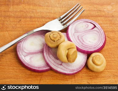 mushrooms and onions on a cutting board