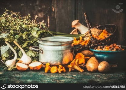 Mushrooms cooking preparation on rustic kitchen table