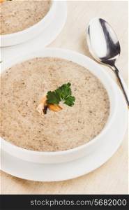 mushrooms cream soup with croutons - dried white loaf