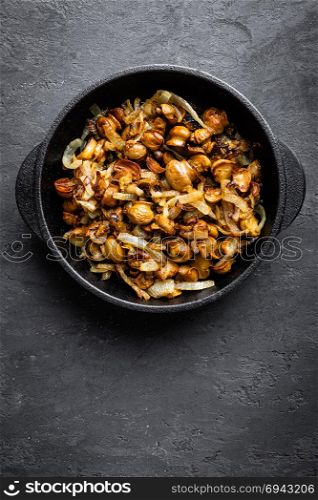 Mushrooms fried with onion, top view