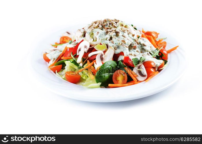 mushrooms salad with lettuce, cherry tomato and seeds