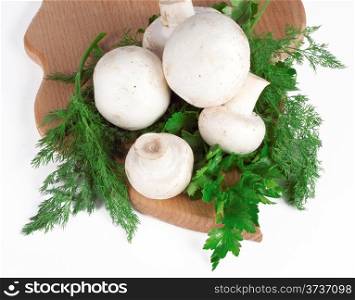 Mushrooms with dill and parsley on a kitchen board