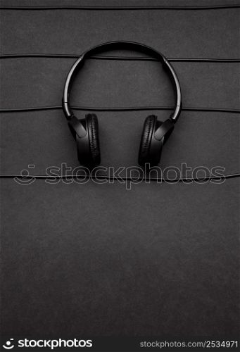 music arrangement with black headphones cables with copy space