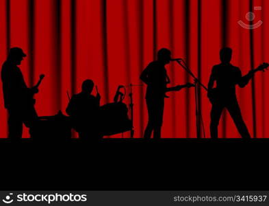 Music background, black silhouettes against a red curtain