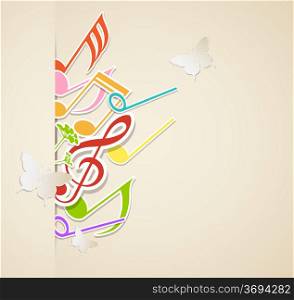 Music background with butterflies and paper notes