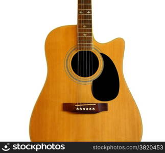 Music business concept with a close-up of an acoustic classic guitar isolated on white background.