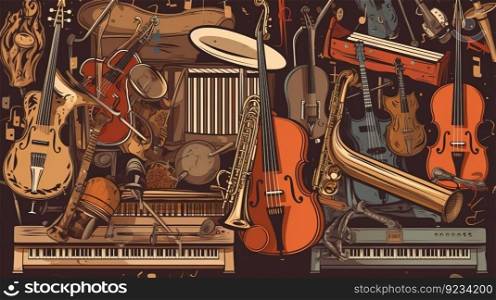 Music day, illustration background with a set of graphic kotnur instruments. Header banner mockup with copy space. AI generated.. Music day, illustration background with a set of graphic kotnur instruments. AI generated.