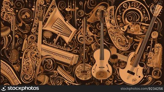 Music day, illustration background with a set of graphic kotnur instruments. Header banner mockup with copy space. AI generated.. Music day, illustration background with a set of graphic kotnur instruments. AI generated.