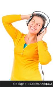 music fan girl in headphones on a white background