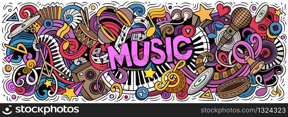 Music hand drawn cartoon doodles illustration. Musical funny objects and elements poster design. Creative art background. Colorful vector banner. Music hand drawn cartoon doodles illustration. Colorful vector banner