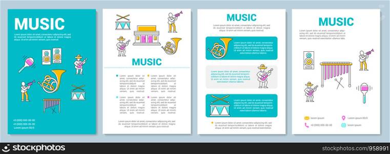 Music industry template layout. Entertainment business. Flyer, booklet, leaflet print design with linear illustrations. Vector page layouts for magazines, annual reports, advertising posters