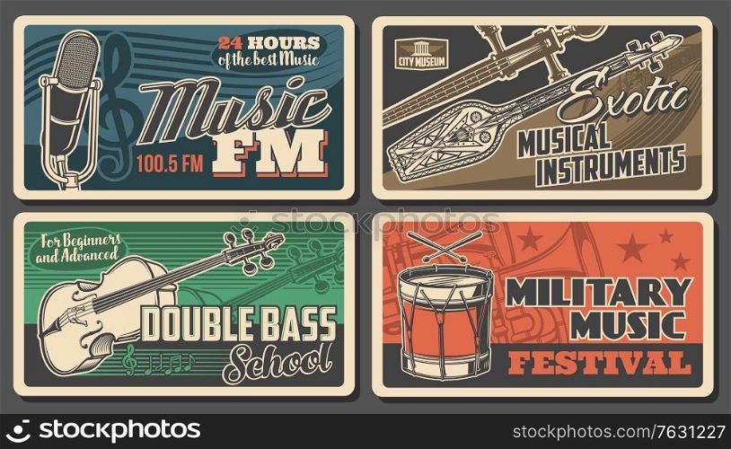 Music instruments posters, concert live festival, vector FM radio podcast microphone. Orchestra symphonic musical school, military music concert, Asian Oriental exotic folk music instruments museum. Music instruments posters, concert live festival