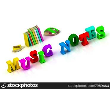 MUSIC NOTES - inscription bright volume letter and textbooks and computer mouse on white background