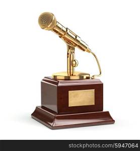 Music or journalism award concept. Gold microphone isolated on white. 3d