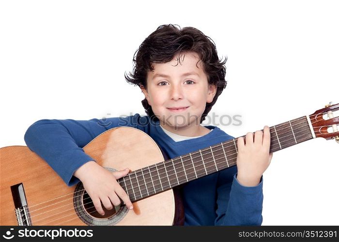 Music student playing the guitar isolated on a over white background