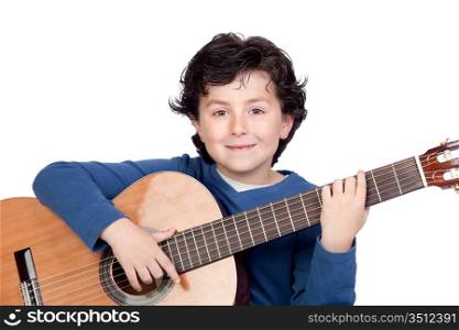 Music student playing the guitar isolated on a over white background