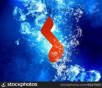 Music symbol under water. Music sign sink in clear blue crystal water