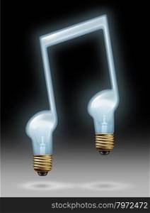 Musical inspiration creativity concept with a musical note symbol in the shape of a glowing glass light bulb as an icon of imagination and creative sound as intelligent music media ideas on a black background.
