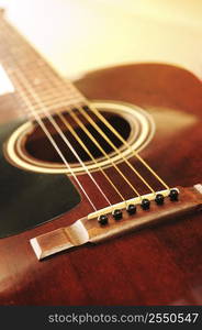 Musical instrument acoustic guitar close up in perspective