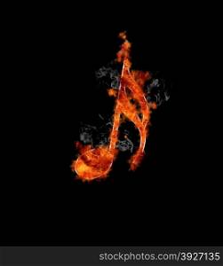 Musical note in flames on black background