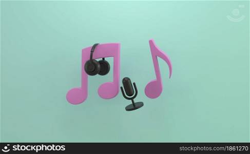 Musical note symbol with earphone headset and microphone icon 3D rendering illustration