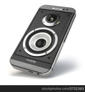 Musical smartphone.Mobile phone music app. Cellphone and loudspeakers. 3d
