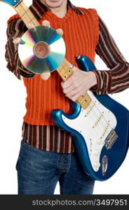 Musical young person a over white background with the focus in the disk