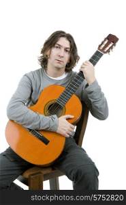 musician plays an acoustic guitar, isolated