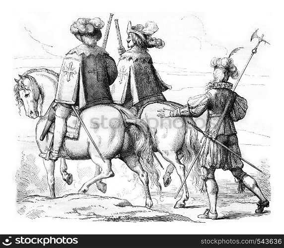 Musketeers on horseback and Hundred Switzerland, after 1630, vintage engraved illustration. Magasin Pittoresque 1858.