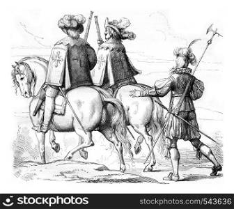 Musketeers on horseback and Hundred Switzerland, after 1630, vintage engraved illustration. Magasin Pittoresque 1858.