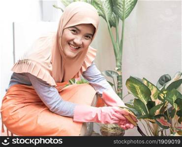 Muslim asian woman wearing hijab gardening and taking care plants