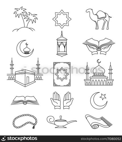 Muslim line signs for ramadan kareem. Vector muslim line signs and islamic linear icons for ramadan kareem isolated on white background