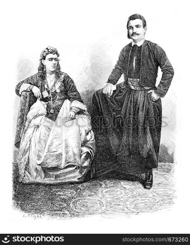 Muslim Man and Woman in Acre, Israel, vintage engraved illustration. Le Tour du Monde, Travel Journal, 1881