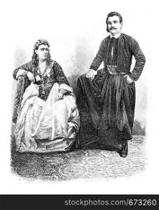 Muslim Man and Woman in Acre, Israel, vintage engraved illustration. Le Tour du Monde, Travel Journal, 1881