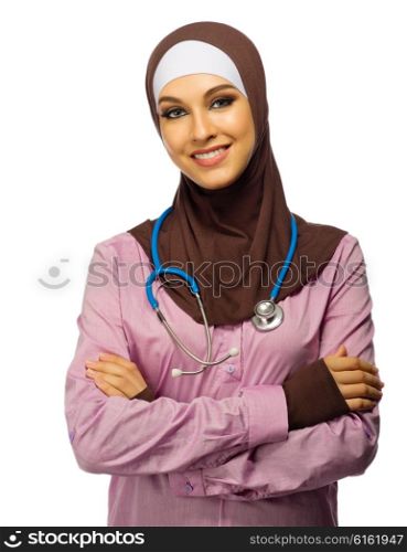 Muslim woman doctor with stethoscope isolated