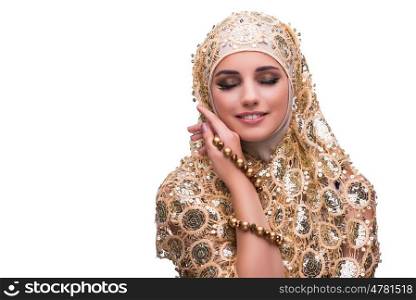 Muslim woman in gold cover isolated on white