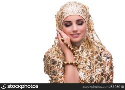 Muslim woman in gold cover isolated on white