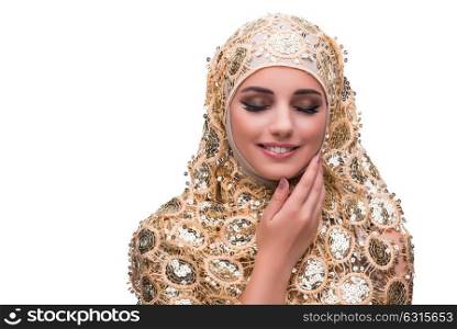 Muslim woman in gold cover isolated on white