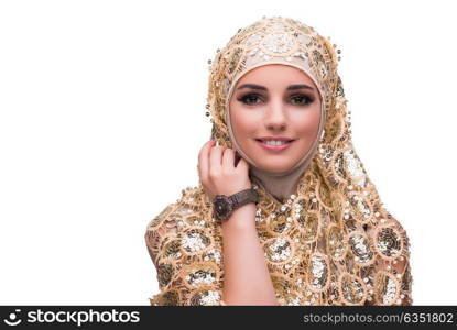 Muslim woman in gold cover isolated on white