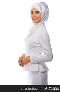 Muslim woman in white dress isolated